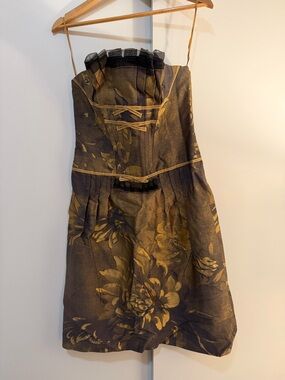 Carolina Herrera Olive Green and Black Strapless Floral Cocktail Dress